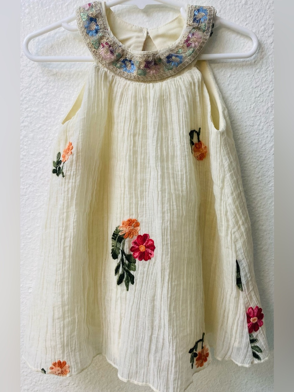 Ivory Gauze Floral Embroidered Baby Dress with Beaded Collar